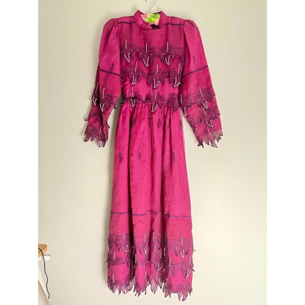 Vintage 1970s/1980s Purple Beaded Embroidered Layered Tie Back Midi Dress Medium
